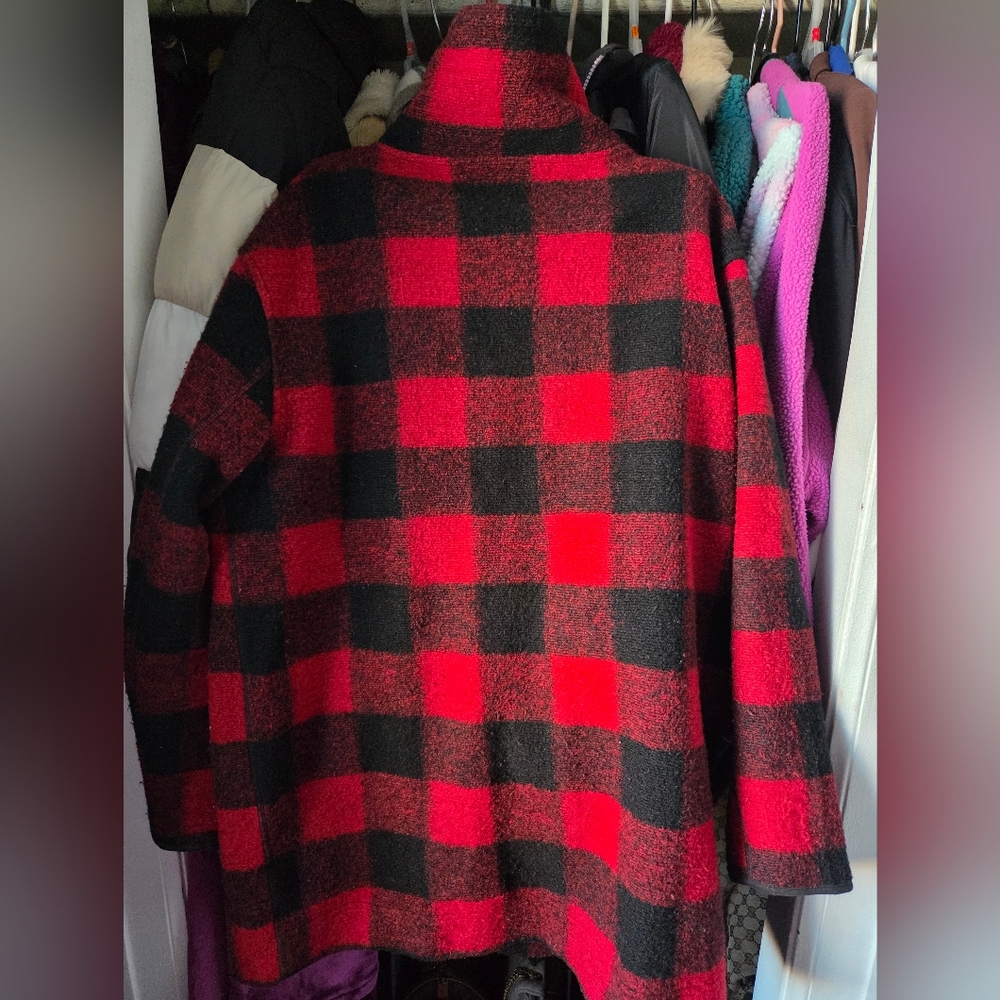 Roots Plaid Mock Neck Zip Pea Coat - Red & Black - Picture 5 of 6